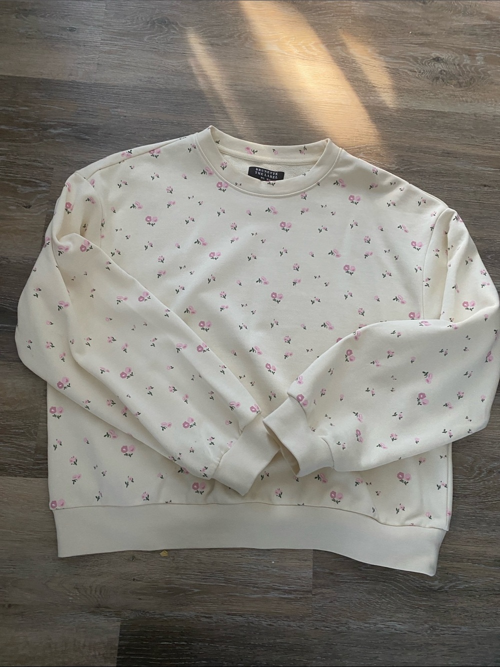 Brunette The Label Cream Crewneck Sweater with Pink Floral Print